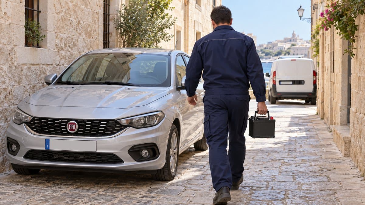 טכנאי לידור מחליף מצבר בפיאט טיפו בחניית הבית