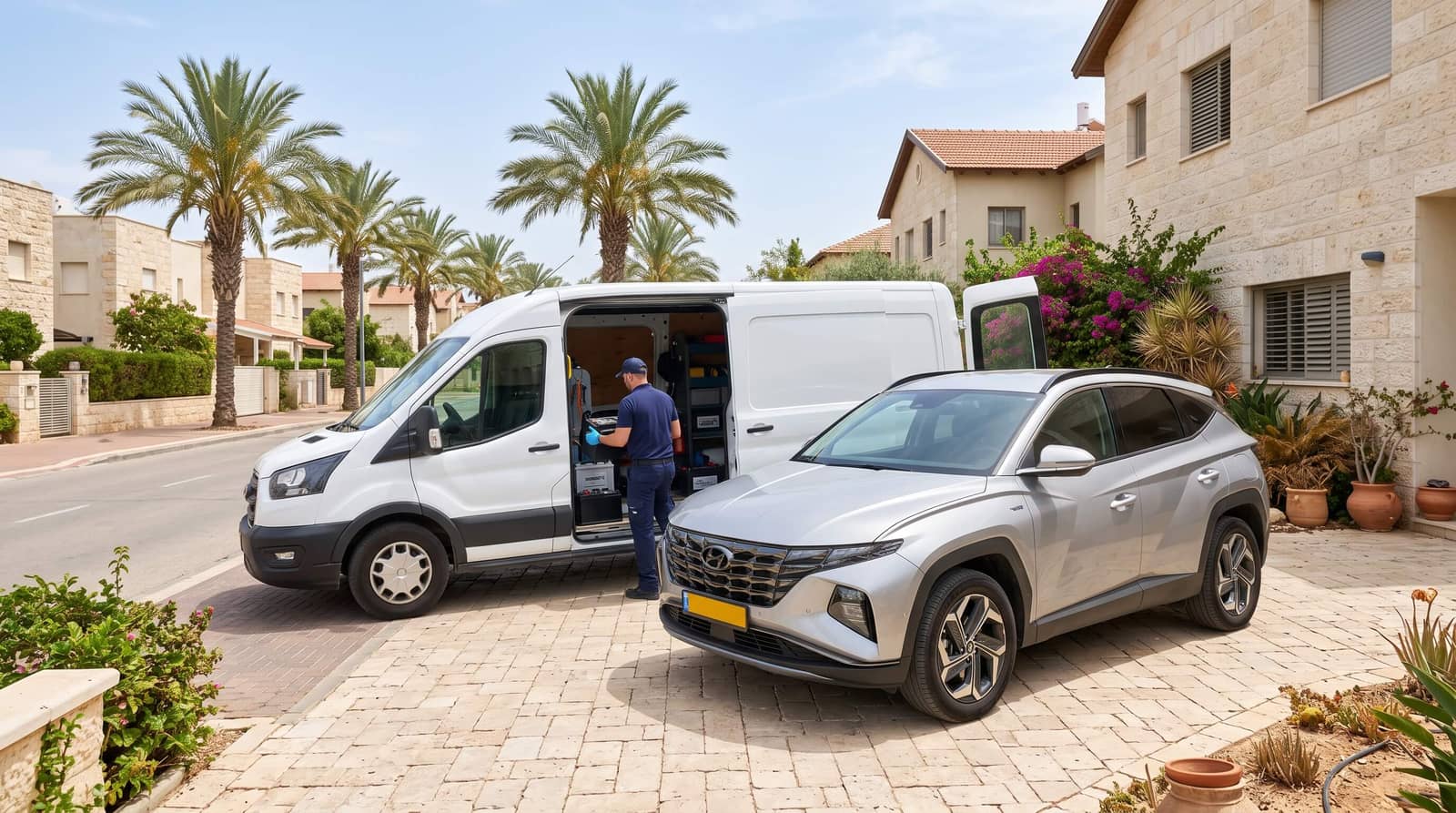 טכנאי לידור מחליף מצבר ליונדאי טוסון בחניית הבית