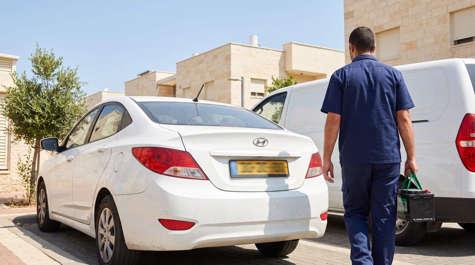 טכנאי לידור מגיע עם מצבר חדש ליונדאי וניו בחניית הבית