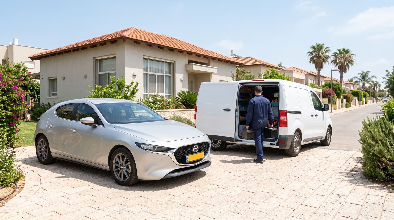 טכנאי לידור מחליף מצבר במאזדה 3 בחניית הבית