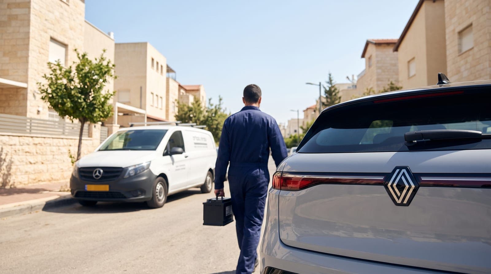 טכנאי לידור מגיע להחלפת מצבר ברנו מאסטר בחצר עסק