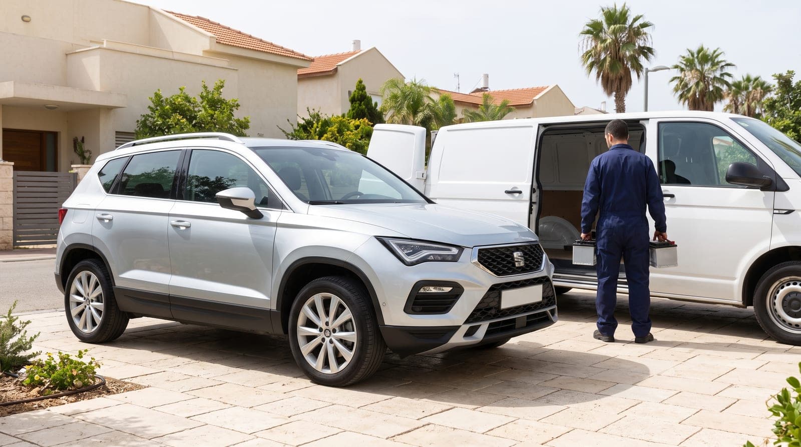 טכנאי לידור מחליף מצבר בסיאט אטקה בחניית הבית