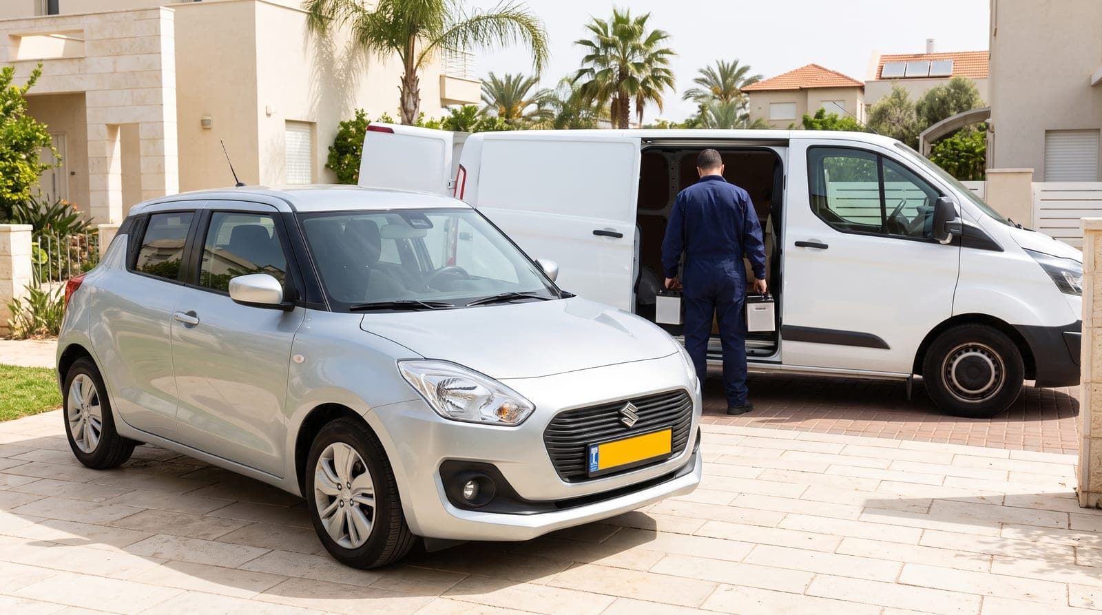 טכנאי לידור מחליף מצבר בסוזוקי סוויפט בחניית הבית