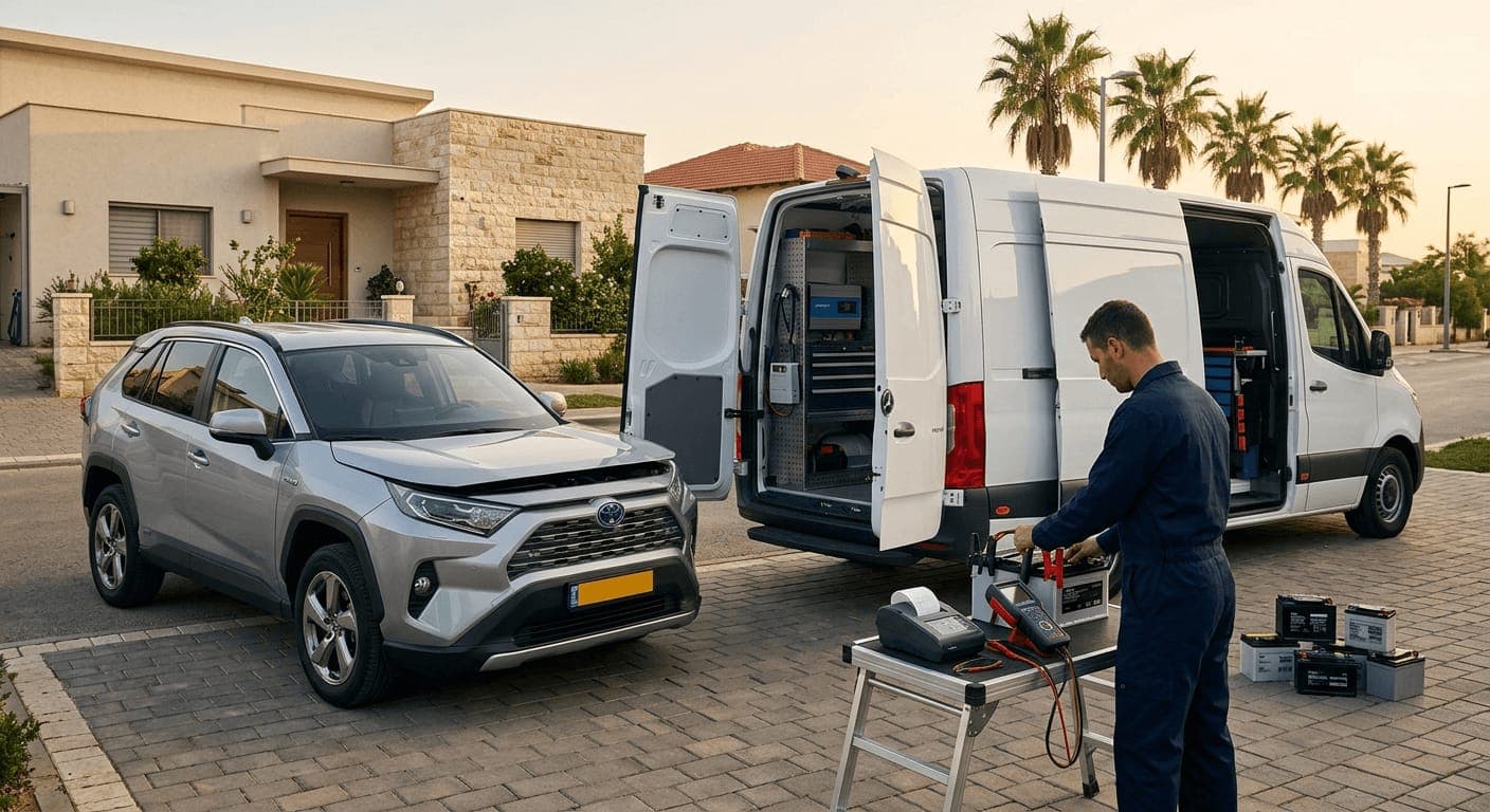 טכנאי לידור מחליף מצבר בטויוטה RAV4 בחניית הבית