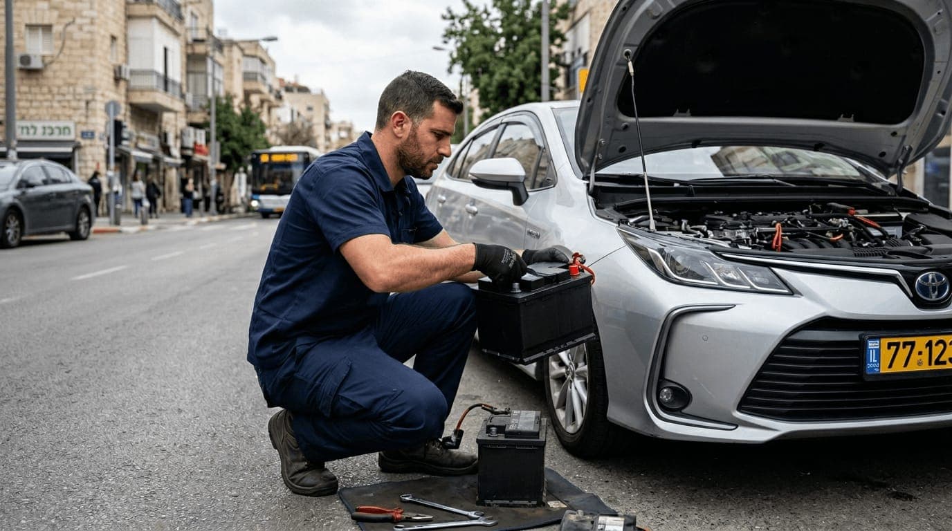 החלפת מצבר באזור — טכנאי לידור חילוצים בדרך בעבודה