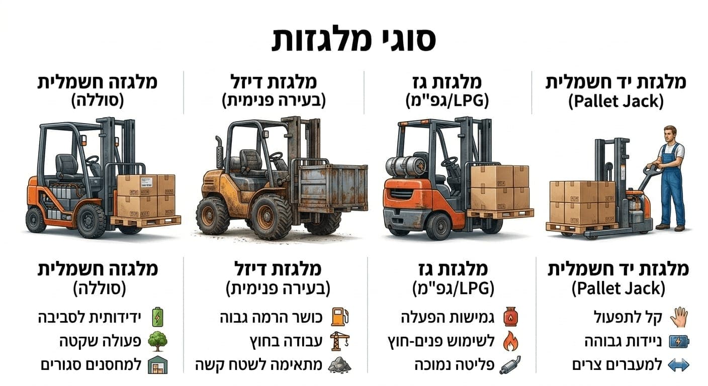 סוגי מלגזות שאנחנו מטפלים בהן — חשמליות, דיזל, גז ומלגזות יד