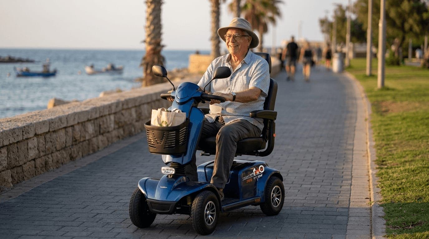 אדם מבוגר נוסע על קלנועית במרחב פתוח לאחר החלפת מצבר.