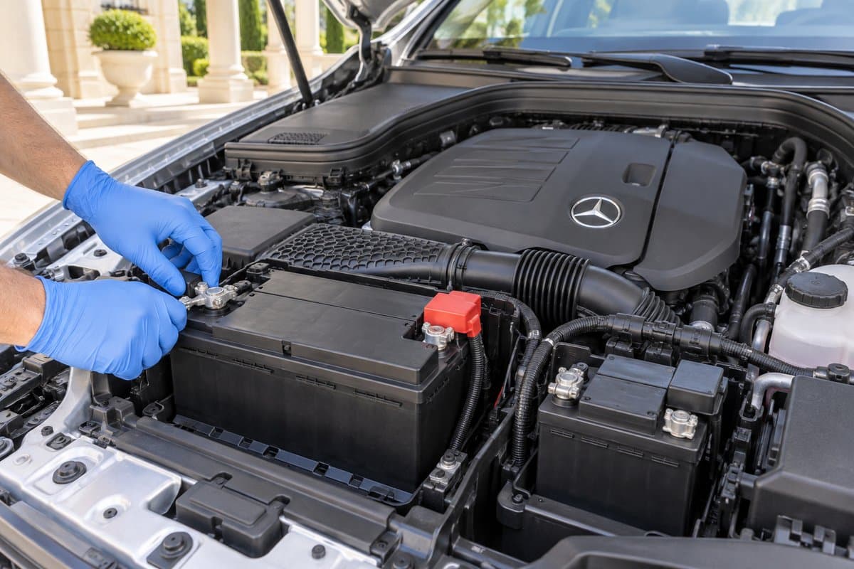 מצבר AGM חדש מותקן במרצדס GLC — חיבור הקטבים