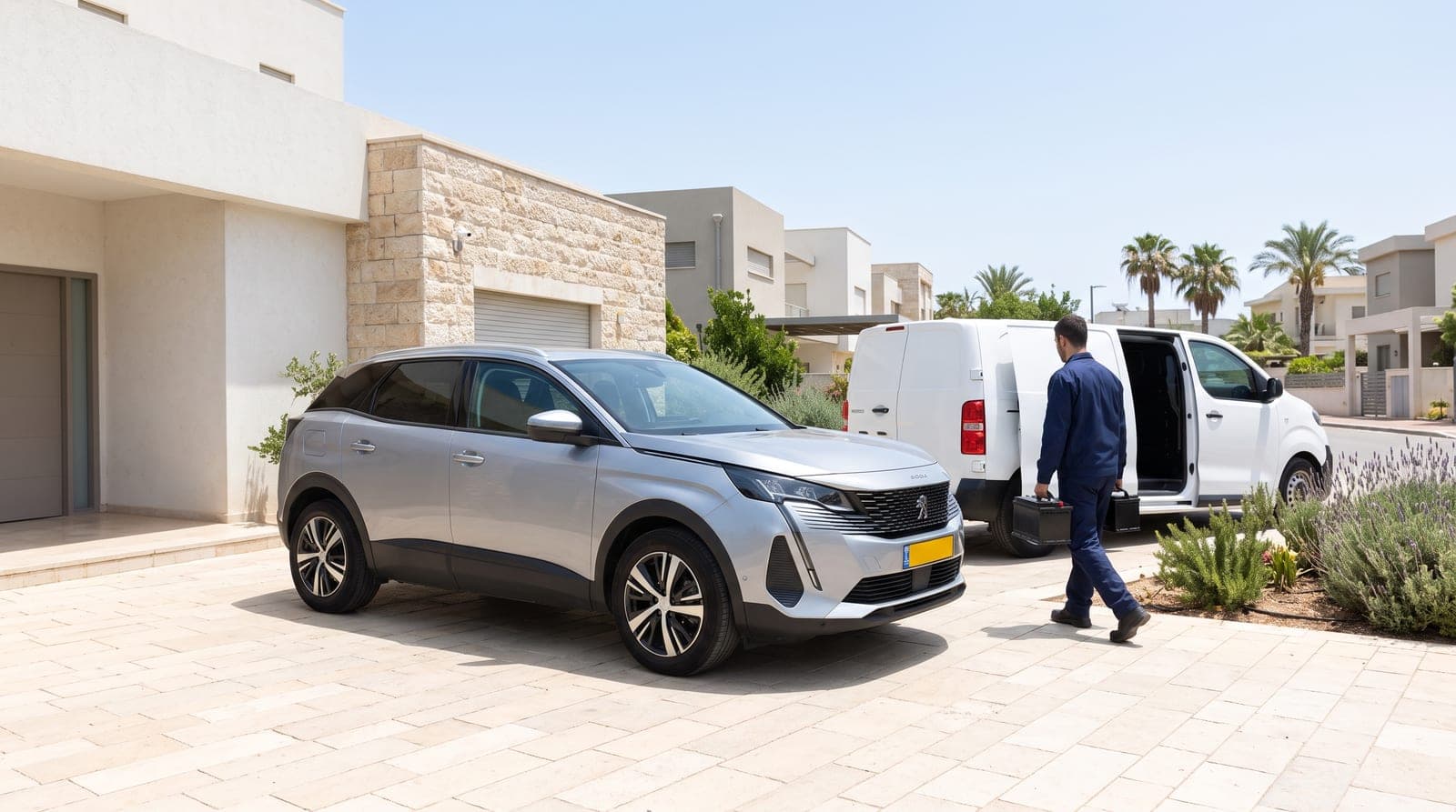 טכנאי לידור מחליף מצבר בפיז'ו 3008 בחניית הבית