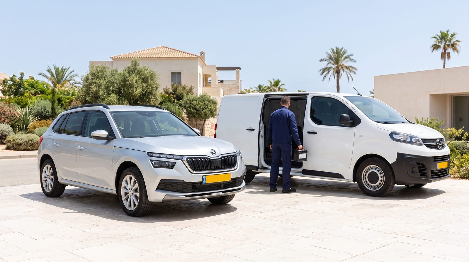 טכנאי לידור מחליף מצבר בסקודה קאמיק בחניית הבית