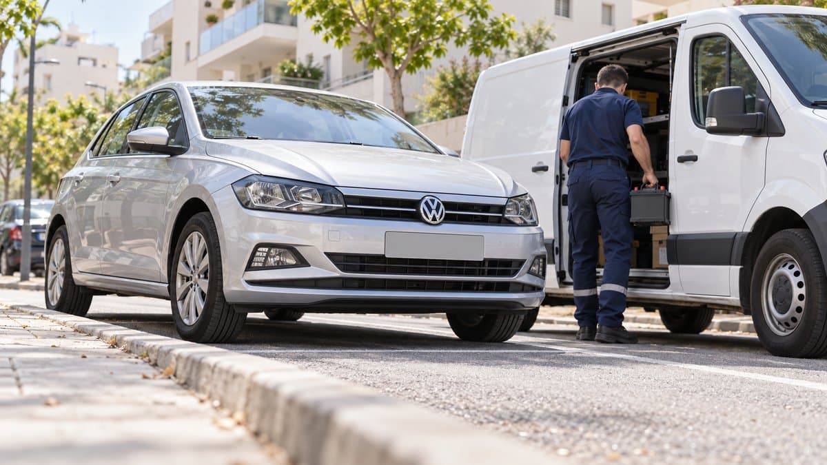 טכנאי לידור מחליף מצבר בפולקסווגן פולו בחניית הבית